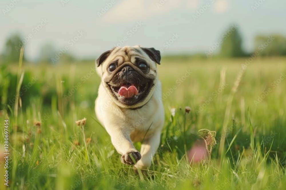 Happy pug dog running on a green meadow grass park Happy pug dog running on a green meadow grass park