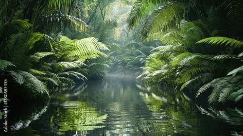 A tranquil lagoon surrounded by lush greenery, morning light filtering through the leaves onto the sea
