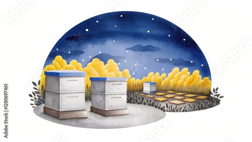 Night scene of a small eco farm with beehives under a starry sky, illuminated by moonlight. Yellow plants surround the beehives. Watercolor style illustration.