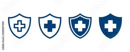 Health insurance icon. Medical health protection shield with cross set icons. Safety badge icon. Healthcare medicine protected guard shield concept.