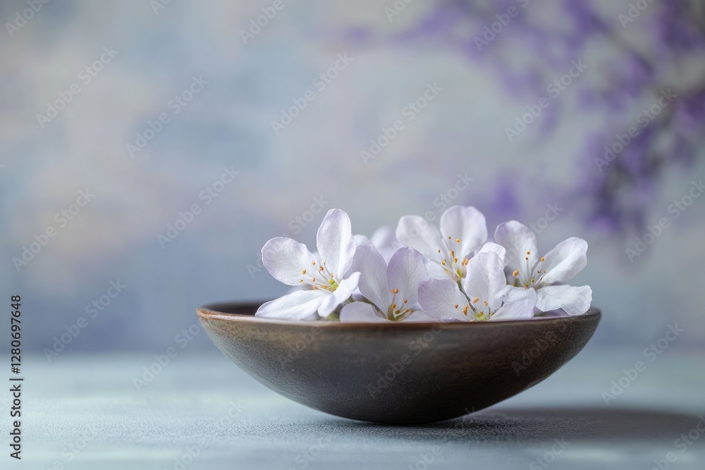 Delicate White Flowers in Wooden Bowl on Soft Background Delicate White Flowers in Wooden Bowl on Soft Background