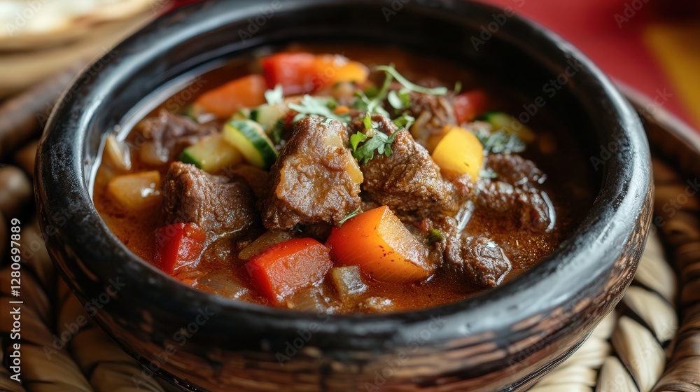 Eritrean zigni, a spicy beef stew served with injera. Eritrean zigni, a spicy beef stew served with injera.