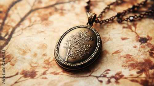 A vintage locket pendant made of bronze, displayed on a faded rose background, antique elegance photo