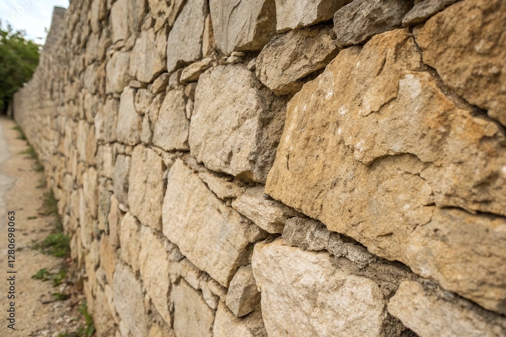 Closeup of Rustic Stone Wall with Beige and Brown Textured Surface in Outdoor Setting Closeup of Rustic Stone Wall with Beige and Brown Textured Surface in Outdoor Setting