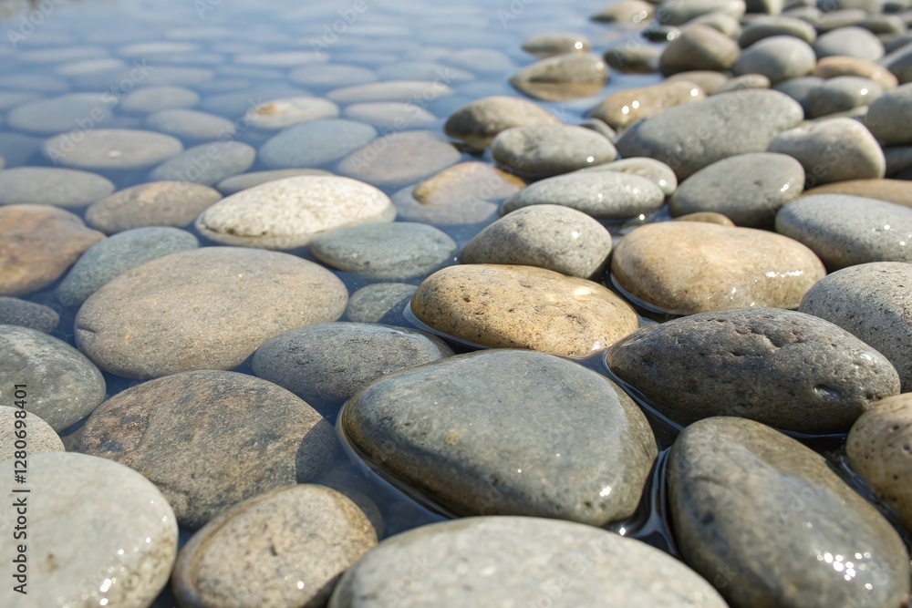 Closeup of Smooth Wet River Stones in Shallow Water Outdoors with Natural Light and Blue Reflection Closeup of Smooth Wet River Stones in Shallow Water Outdoors with Natural Light and Blue Reflection