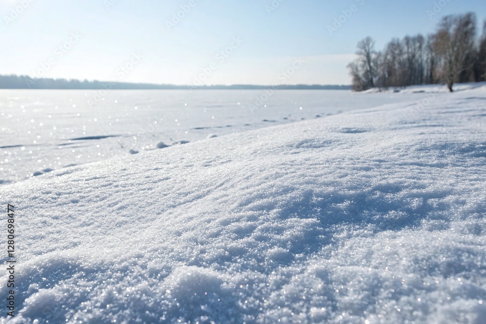 Closeup of Sparkling Snow Cover on a Frozen Lake with Trees and Clear Blue Sky in Winter Closeup of Sparkling Snow Cover on a Frozen Lake with Trees and Clear Blue Sky in Winter
