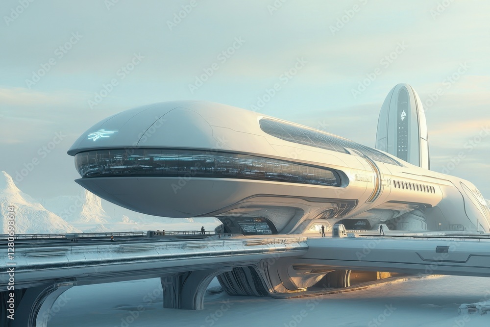 Futuristic structure stands amidst icy mountains under a serene sky at dawn Futuristic structure stands amidst icy mountains under a serene sky at dawn