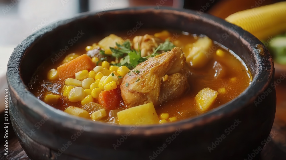 Panamanian sancocho, a hearty chicken soup with root vegetables and corn. Panamanian sancocho, a hearty chicken soup with root vegetables and corn.