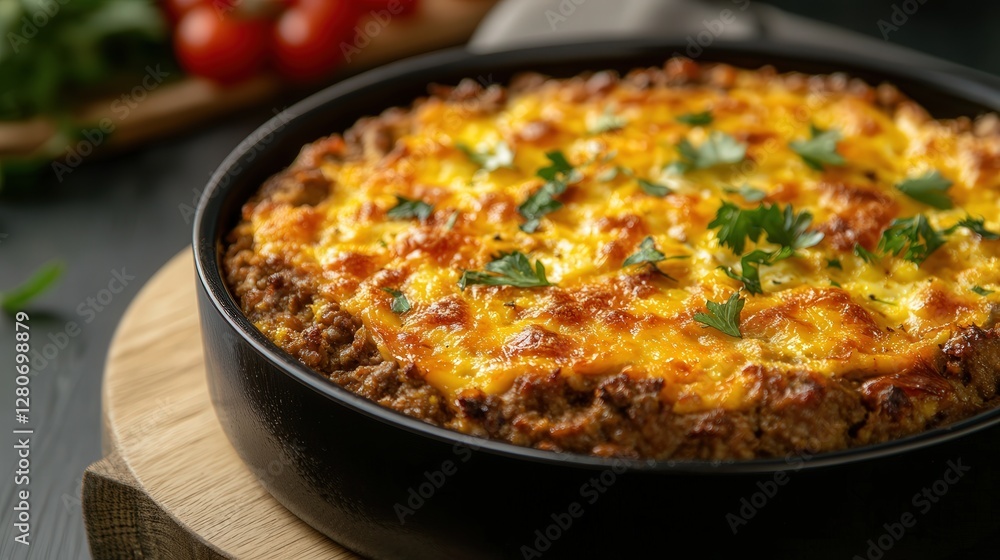 South African bobotie, a spiced minced meat dish baked with an egg topping. South African bobotie, a spiced minced meat dish baked with an egg topping.