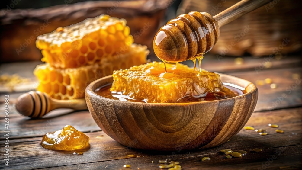 Sweet honey, nature's candy, flows from golden honeycomb. Close-up photography captures its rich, delicious texture. Sweet honey, nature's candy, flows from golden honeycomb. Close-up photography captures its rich, delicious texture.
