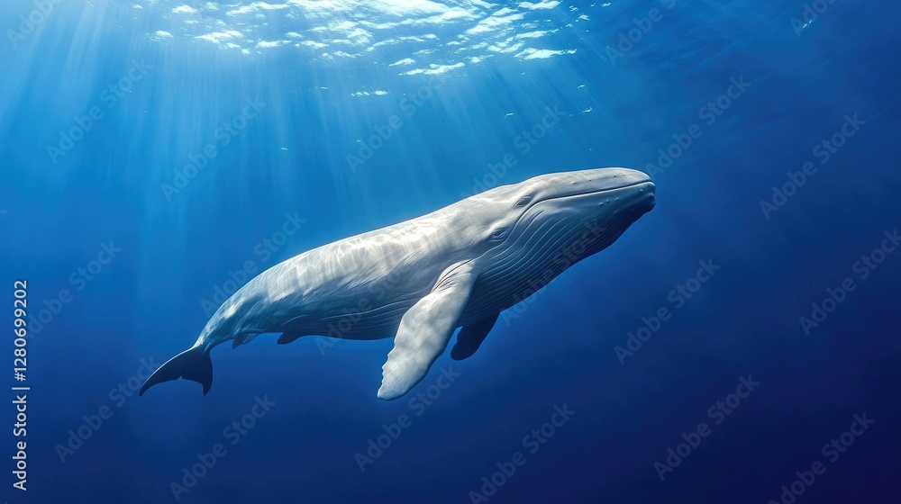 Fototapeta premium Close-up of Omura's whale's sleek body just below the surface, shimmering under sunlight