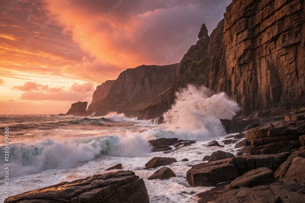 Dramatic Coastal Cliffs with Crashing Ocean Waves at Sunset and Vibrant Sky Colors Dramatic Coastal Cliffs with Crashing Ocean Waves at Sunset and Vibrant Sky Colors
