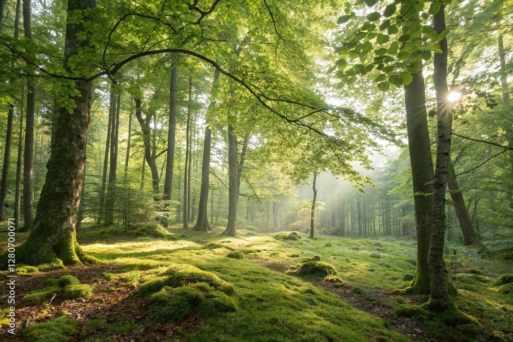 Fototapeta premium Sunlit Forest With Green Moss Covered Ground And Tall Trees In A Serene Natural Woodland Setting