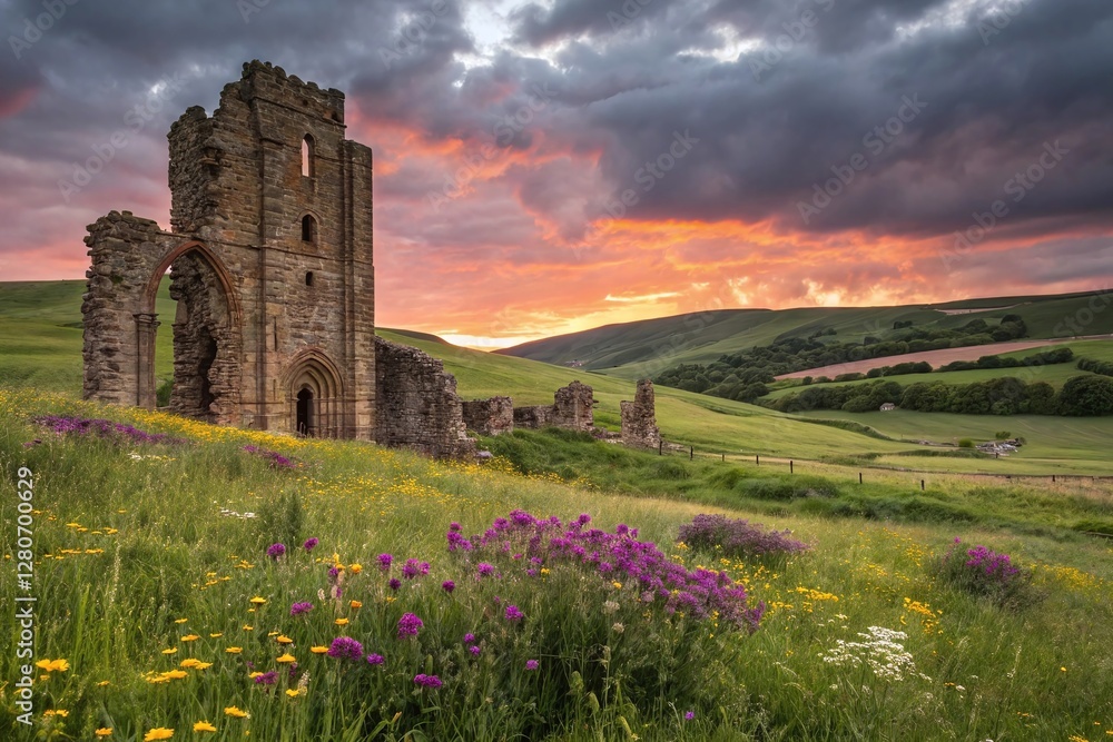 Ancient Stone Ruins Amid Wildflowers On A Vibrant Sunset Over Rolling Green Hills And Countryside Ancient Stone Ruins Amid Wildflowers On A Vibrant Sunset Over Rolling Green Hills And Countryside
