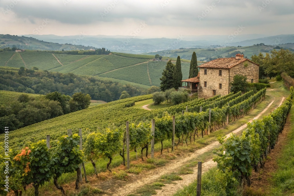 Rustic Stone Farmhouse Surrounded by Lush Vineyard and Rolling Hills Under Cloudy Sky in Rural Countryside Rustic Stone Farmhouse Surrounded by Lush Vineyard and Rolling Hills Under Cloudy Sky in Rural Countryside