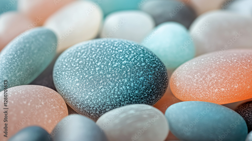 A macro photograph of colorful, matte-finished glass stones in organic, irregular forms A macro photograph of colorful, matte-finished glass stones in organic, irregular forms