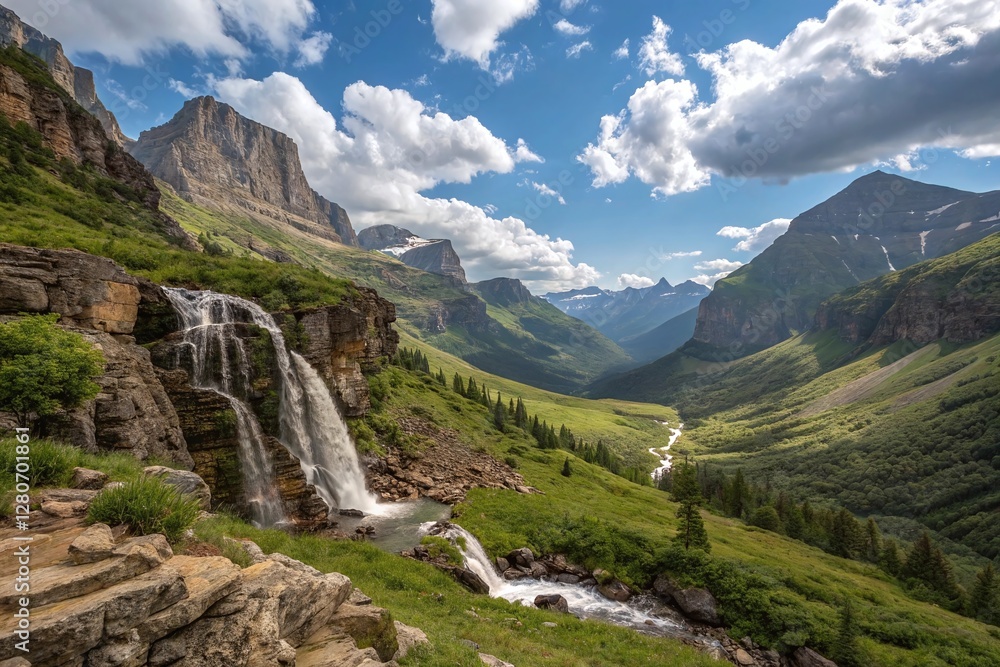 Scenic Mountain Valley Waterfall With Rocky Cliffs Lush Green Forest Stream And Blue Sky Clouds