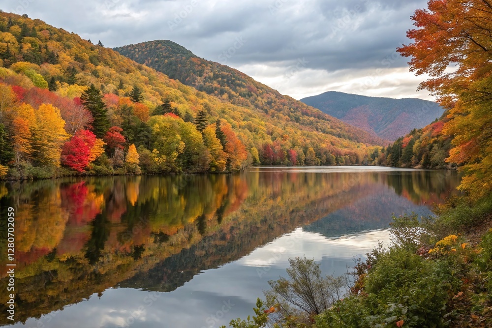 Peaceful Autumn Lake Scene with Colorful Trees and Mountain Reflections in Overcast Weather Peaceful Autumn Lake Scene with Colorful Trees and Mountain Reflections in Overcast Weather