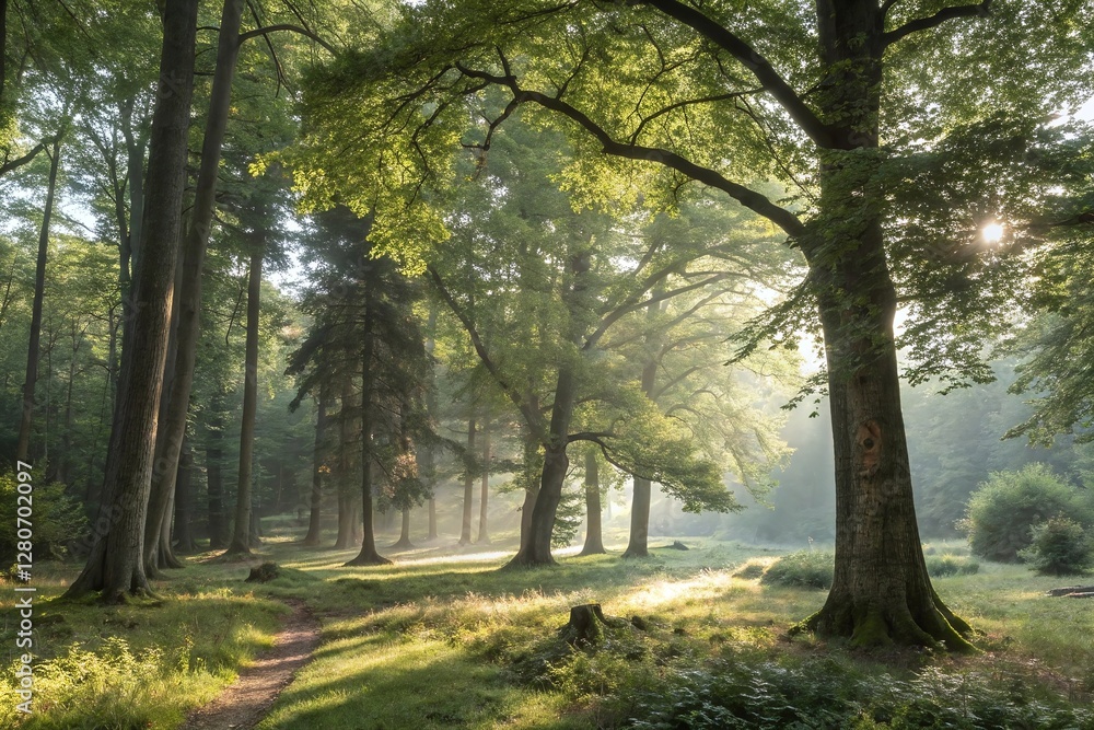 Sunlit Forest Scene with Tall Green Trees and a Peaceful Path in a Tranquil Wooded Environment Sunlit Forest Scene with Tall Green Trees and a Peaceful Path in a Tranquil Wooded Environment