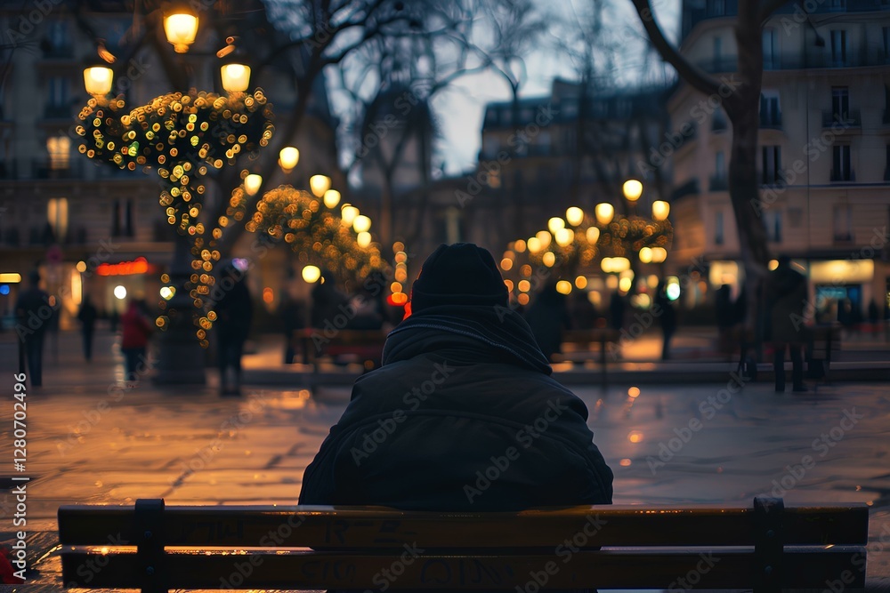 Obraz premium A man sits on a bench in the evening city