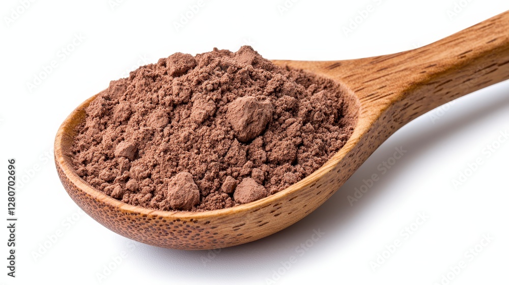 Closeup view of a wooden spoon dipping into a bowl of fine cocoa powder for use in baking and cooking recipes Closeup view of a wooden spoon dipping into a bowl of fine cocoa powder for use in baking and cooking recipes