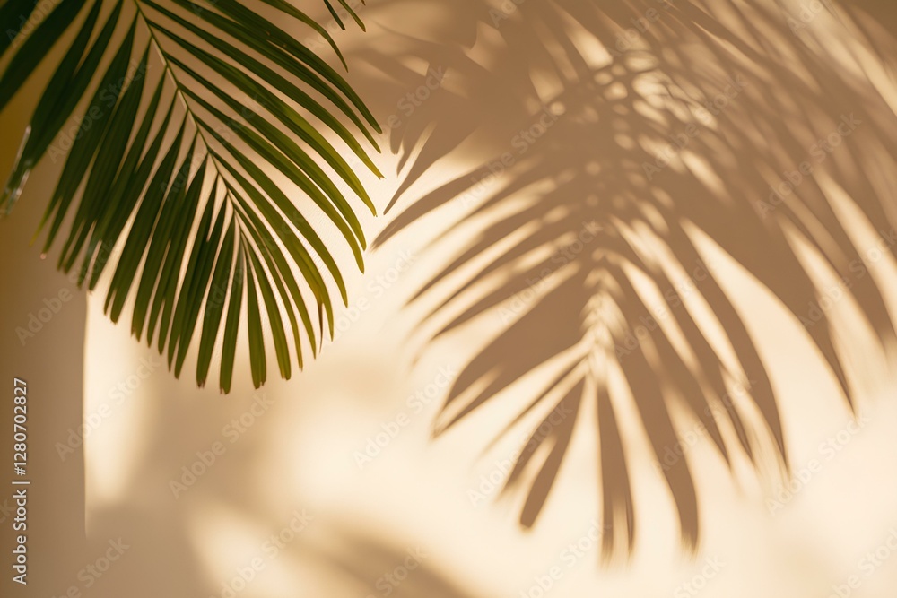 Fototapeta premium palm leaves shadow on a beige room wall, aesthetic composition 