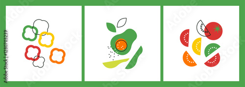 Set of 3 square veggies abstract flat vector illustration. Avocado, pepper, tomato. Fresh vegetables poster. Salad. Greens icon set. Modern minimal food background. Go vegan. Healthy food concept