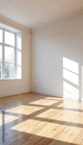 Wallpaper Mural An empty room with white walls and light-colored wood floors illuminated by sunlight streaming through windows. Torontodigital.ca