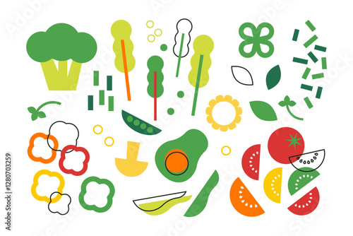 Abstract green veggies set. Minimal flat vector illustration with fresh vegetables, leaves. Salad. Greens icon set. Food background for poster, banner, bar menu, print. Go vegan. Healthy food concept