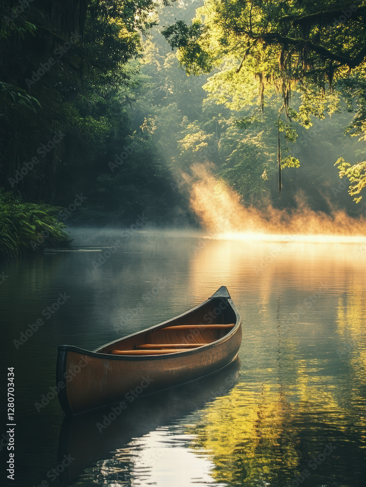 Fototapeta premium tranquil lakeside scene with canoe surrounded by lush greenery and mist. soft morning light creates serene atmosphere, perfect for relaxation and reflection
