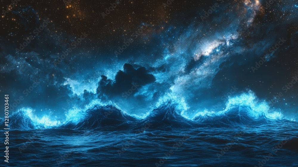 where bioluminescent waves glow beneath a sky filled with constellations. where bioluminescent waves glow beneath a sky filled with constellations.