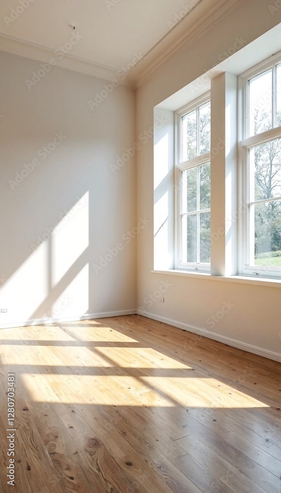 A large empty room with white walls and a large window letting in natural light. A large empty room with white walls and a large window letting in natural light.