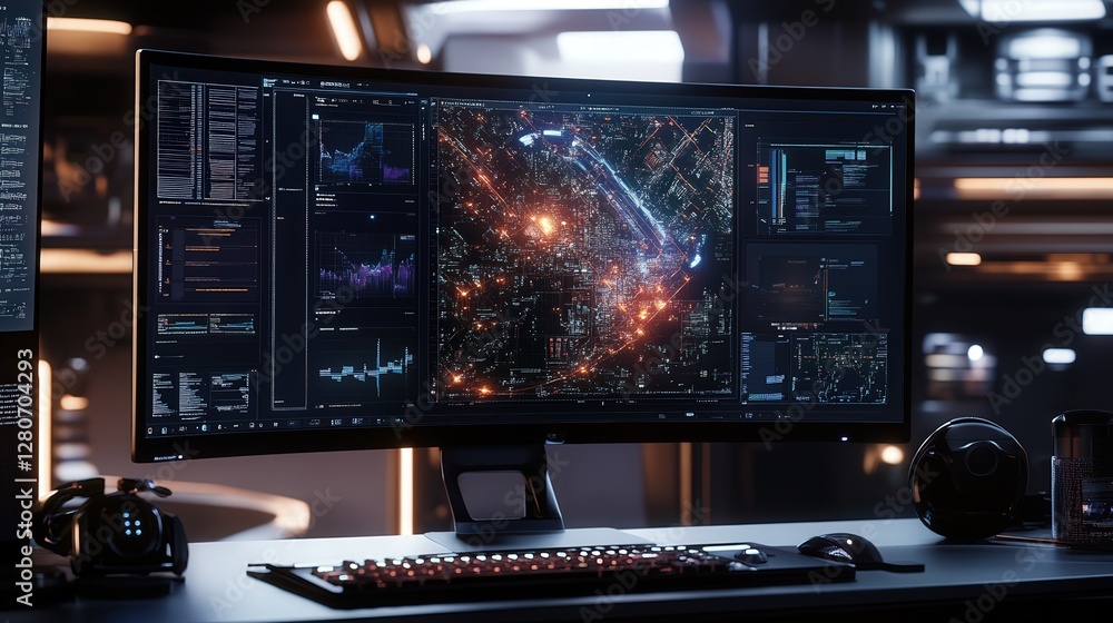 high-end, ultra-wide 8K monitor displaying a complex 3D simulation high-end, ultra-wide 8K monitor displaying a complex 3D simulation