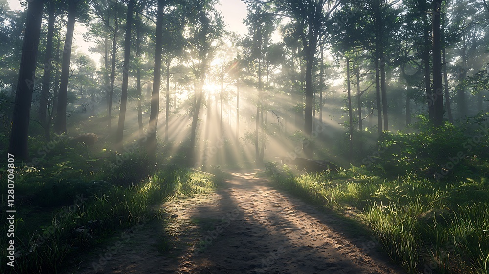Obraz premium Sunbeams on Misty Forest Path