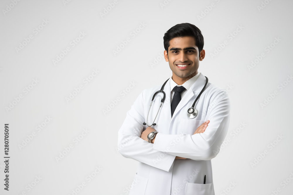 A confident Hindu young doctor in a white coat with a stethoscope, smiling and standing against a soft light background A confident Hindu young doctor in a white coat with a stethoscope, smiling and standing against a soft light background