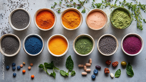 Vibrant array of dietary supplements and colorful spices in bowls, showcasing variety of natural ingredients. Perfect for health and wellness themes