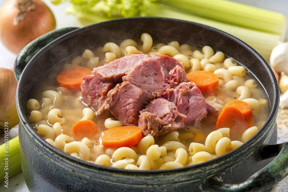 A photo of macaroni soup with pork meat and diced carrots A photo of macaroni soup with pork meat and diced carrots