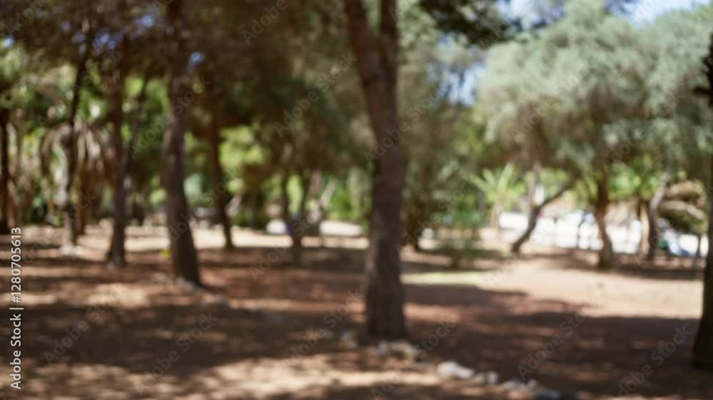 Blurred photo of an outdoor park scene with defocused trees, natural green foliage, and sunlight filtering through creating a serene, tranquil atmosphere Blurred photo of an outdoor park scene with defocused trees, natural green foliage, and sunlight filtering through creating a serene, tranquil atmosphere