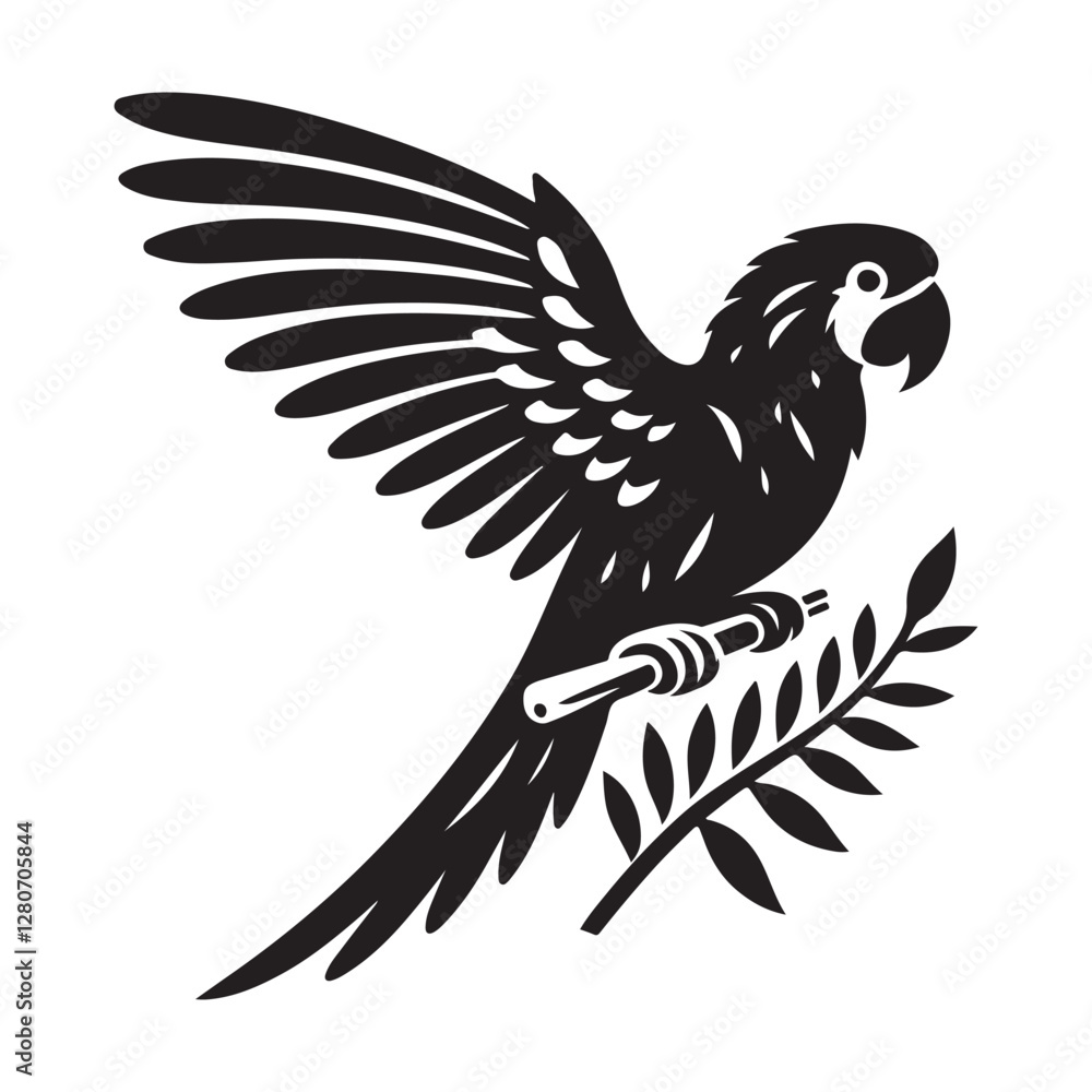 Fototapeta premium Parrot bird Silhouette Vector Illustration, Solid White Background.
