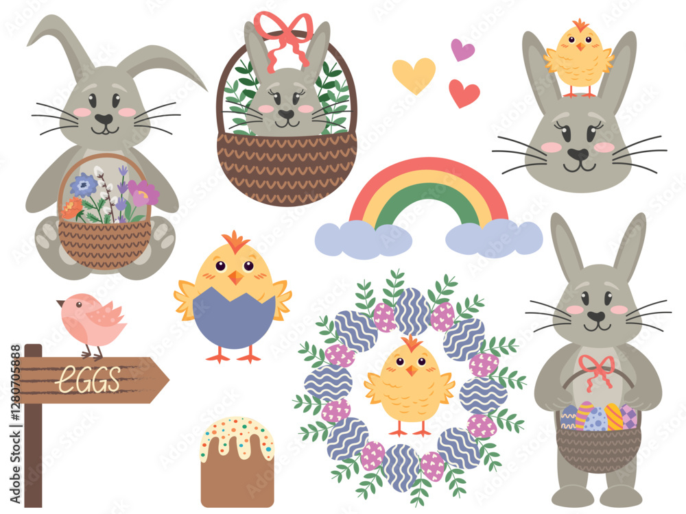 Obraz premium Collection of Easter bunnies, chicks, Easter eggs in a basket.