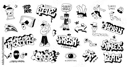 Graffiti doodles funny characters hand drawn lettering vector collection , background for kids