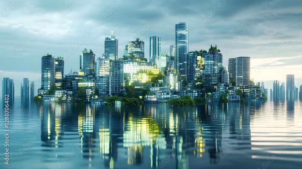 Fototapeta premium Futuristic city skyline reflecting in water with lush greenery and dramatic clouds in the background