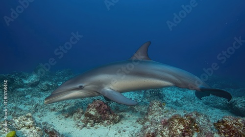 Side profile of Omura's whale moving through the tropical waters, gentle waves forming around it