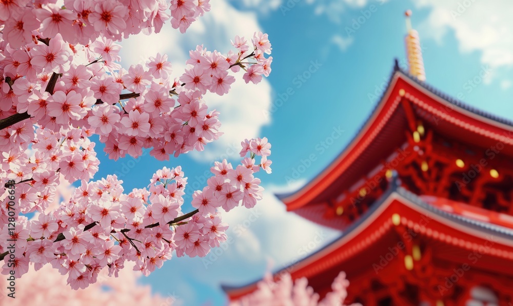 Cherry blossoms in full bloom near traditional Japanese pagoda under blue sky Cherry blossoms in full bloom near traditional Japanese pagoda under blue sky