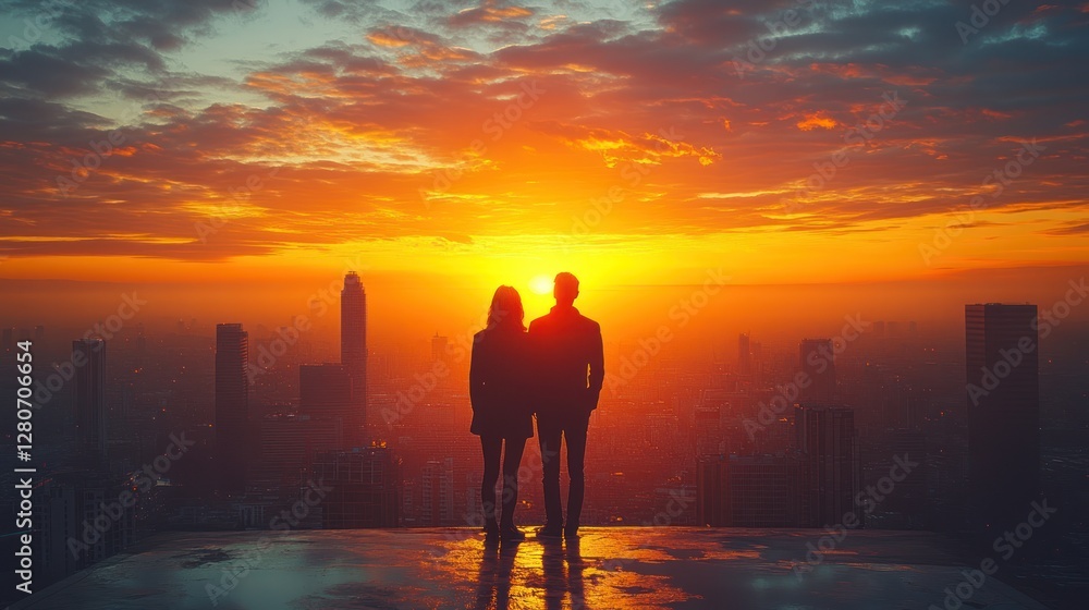Fototapeta premium Couple Silhouetted Against a Vibrant City Sunrise