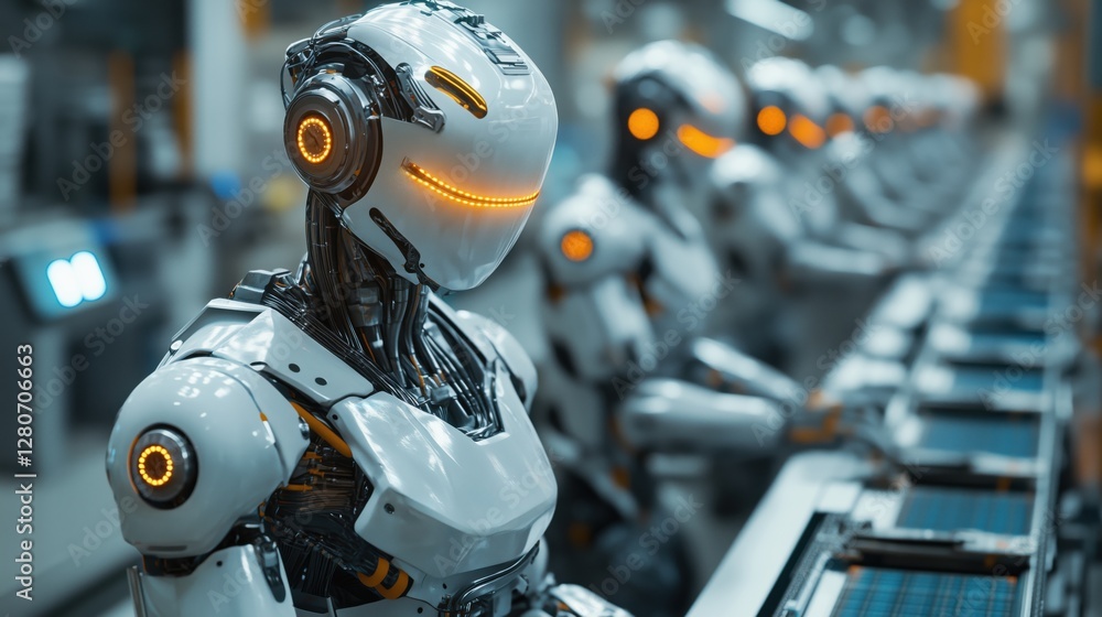 Humanoid robots collaborate with factory employees in automated production line enhancing efficiency and productivity Humanoid robots collaborate with factory employees in automated production line enhancing efficiency and productivity