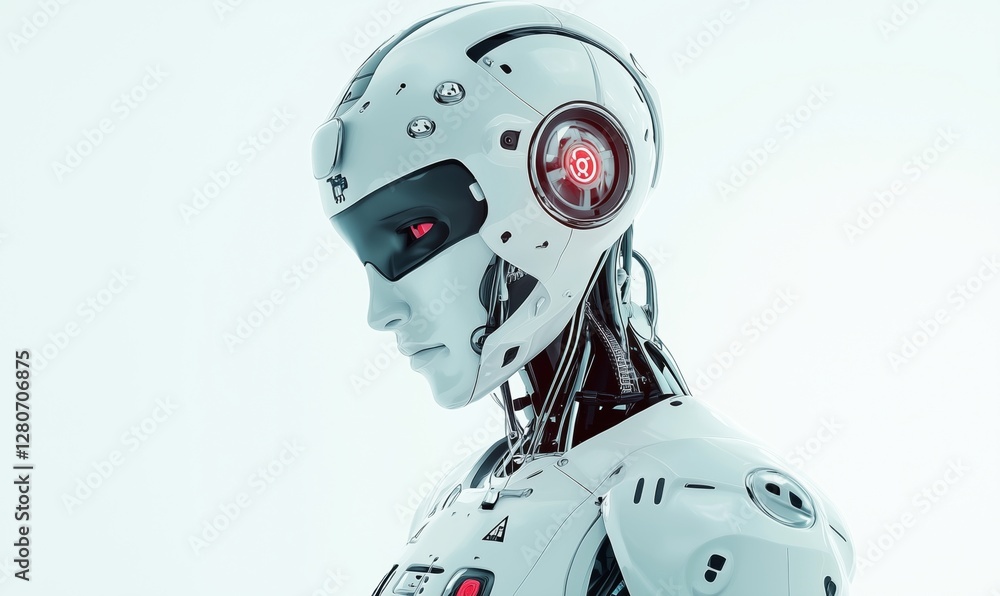 Futuristic humanoid robot with sleek design and glowing red eye detail Futuristic humanoid robot with sleek design and glowing red eye detail