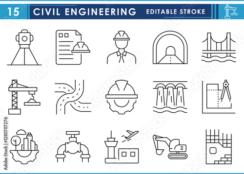 A set of line icons related to Civil Engineering. Engineer, Civil, construct, bridge, dam, blueprint, mapping, and so on. Vector editable stroke.