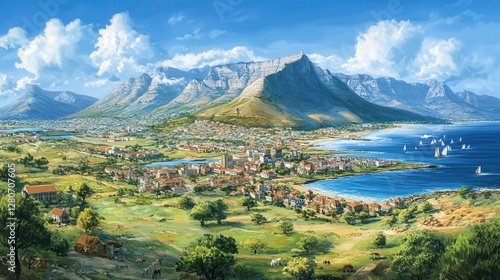 beauty of Table Mountain, South Africa, rising above Cape Town vibrant coastline.