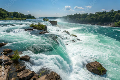 Majestic waterfall cascading over rocks with vibrant turquoise water